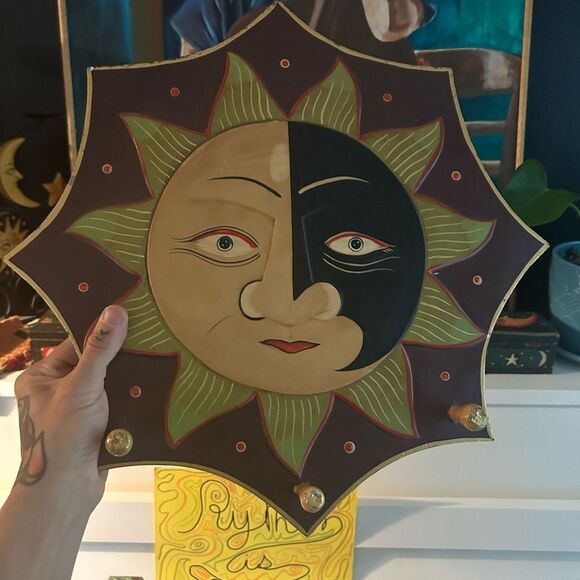 Celestial Sun Wall Art Folk Art in Black and Gold 3 Hangers 90s Whimsygoth 16.5" - Picture 5 of 12